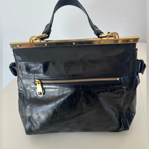 Badgley Mischka Black Patent Leather Calf Hair Gold Hardware Hand Bag - Picture 8 of 13